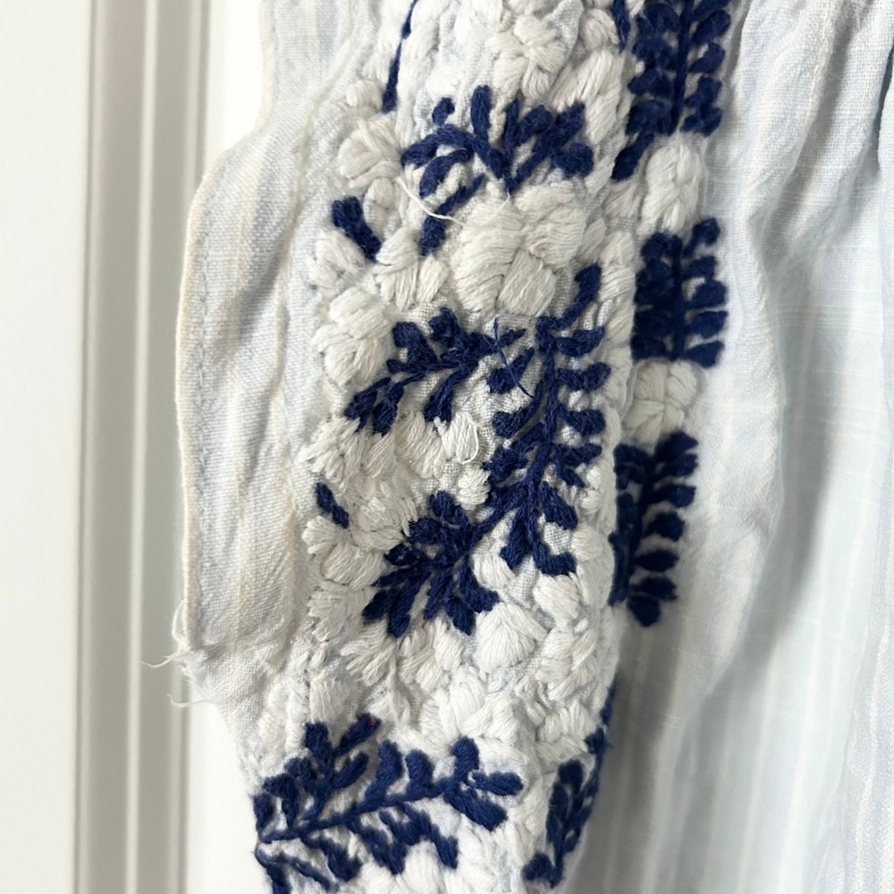 Mi Golondrina Hand Embroidered Tunic Dress Blue White Striped Size Large - Picture 7 of 10